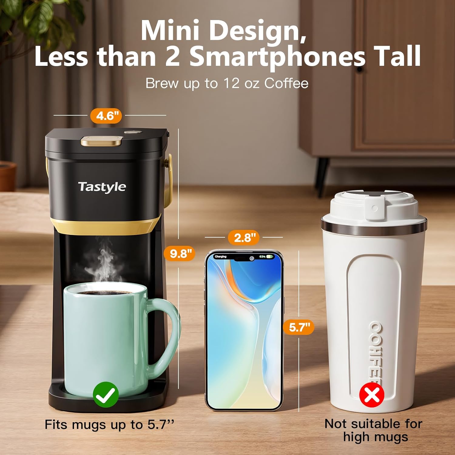 Tastyle Single Serve One Cup Coffee Maker, for K Cups and Grounds, Mini Coffee Maker with Portable Handle, 6 to 12 Oz Brew Size, for Travel, Camping, Office, RV and Dorm, 120V, Black and Gold - Image 4