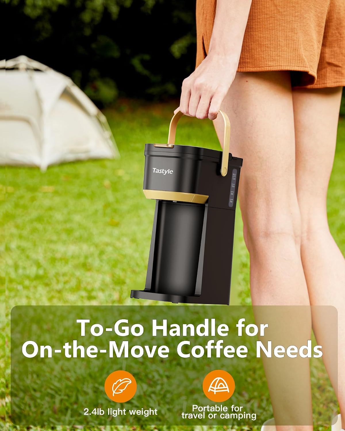 Tastyle Single Serve One Cup Coffee Maker, for K Cups and Grounds, Mini Coffee Maker with Portable Handle, 6 to 12 Oz Brew Size, for Travel, Camping, Office, RV and Dorm, 120V, Black and Gold - Image 5