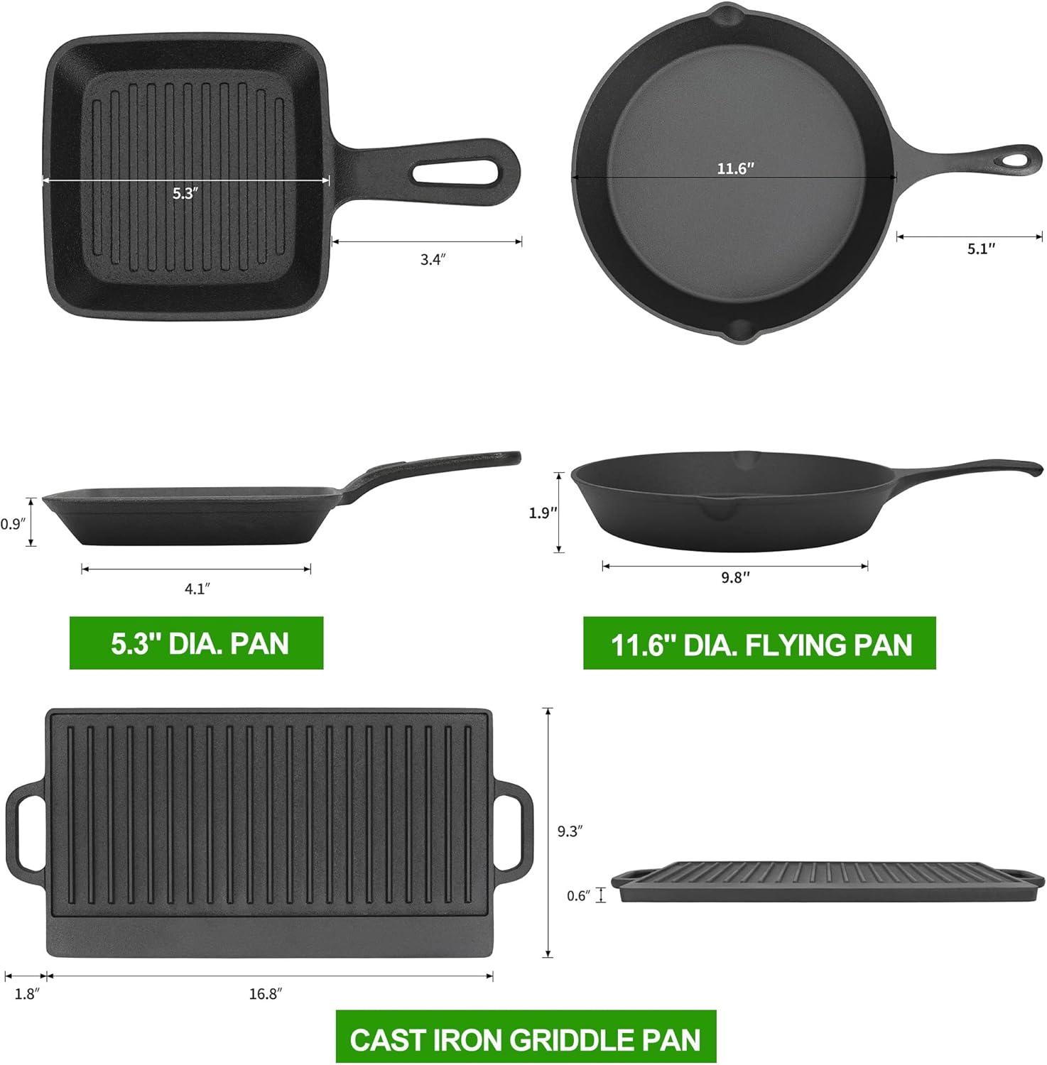 8 Piece Pre-Seasoned Dutch Oven Cooking Set Cast Iron Camping Kitchen Cookware Bakeware Skillets & Square Grill Pan w/Vintage Carrying Wood Box for Ourdoor Home BBQ Baking - Image 4