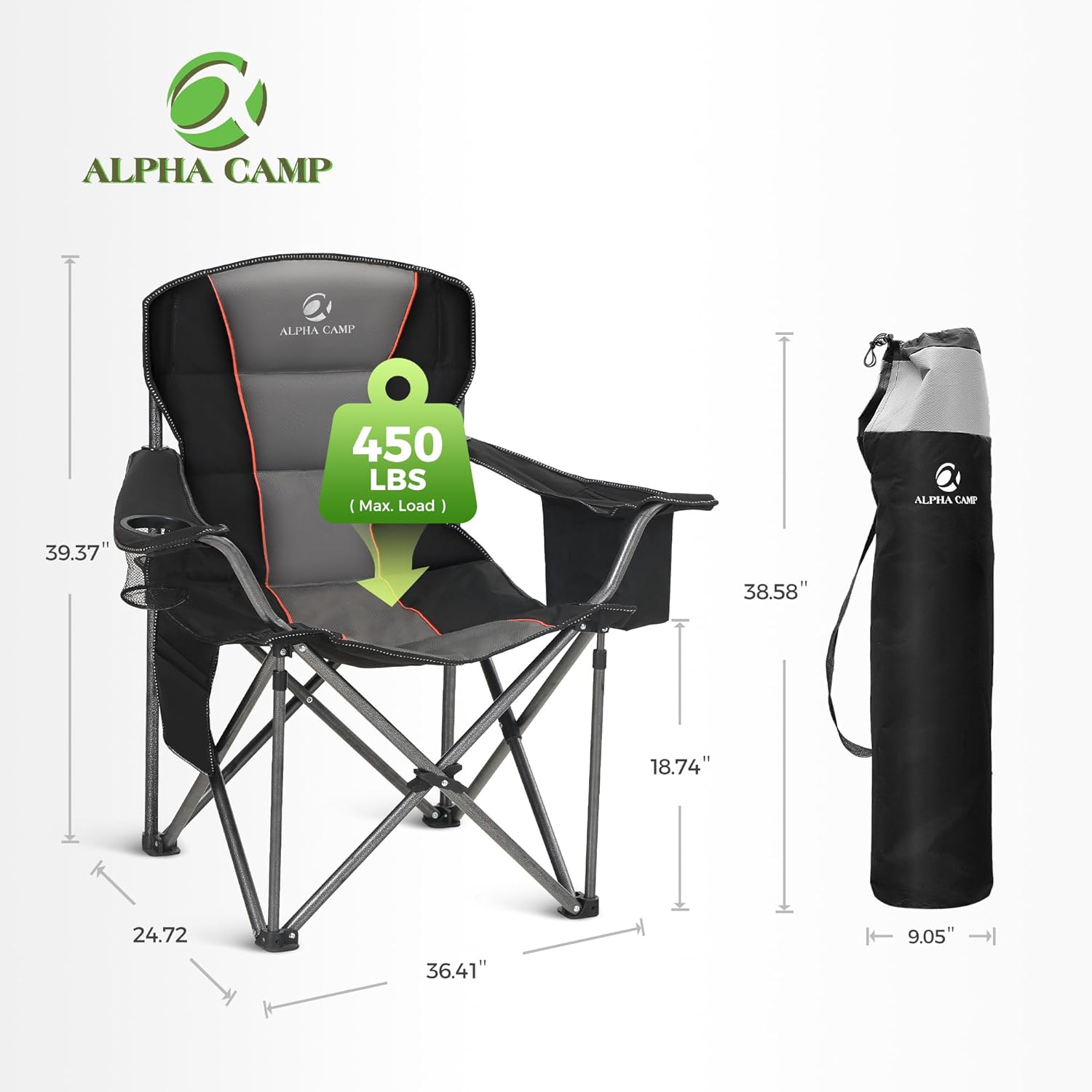 ALPHA CAMP Heavy Duty Camping Chair 500LBS Capacity, Oversized Folding Chair for Heavy People, Padded Portable Outdoor Chair with Cooler Bag & Cup Holder for Camping, Fishing, Beach - Image 2