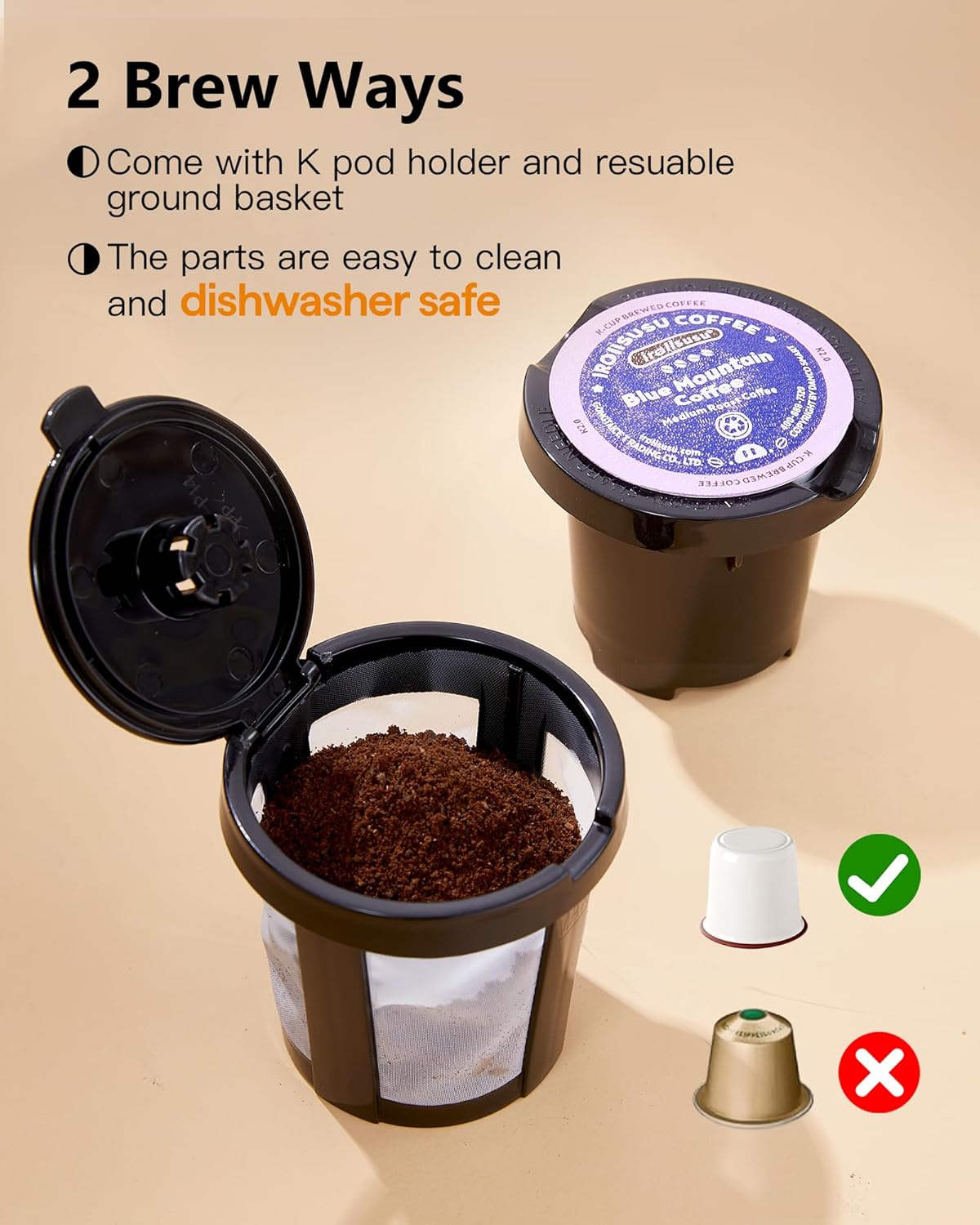 Tastyle Single Serve One Cup Coffee Maker, for K Cups and Grounds, Mini Coffee Maker with Portable Handle, 6 to 12 Oz Brew Size, for Travel, Camping, Office, RV and Dorm, 120V, Black and Gold - Image 8