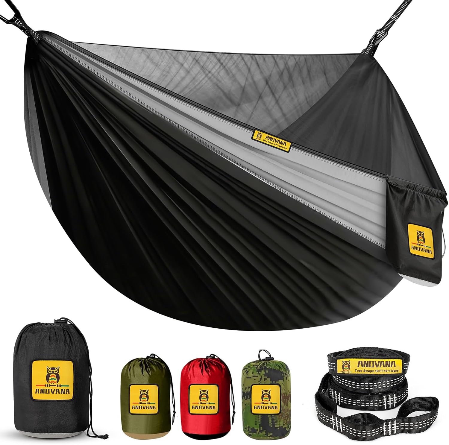 Camping Hammock with Mosquito Net, 600 lbs Portable Hammock with Tree Straps, 2-in-1 Double/Single Travel Hammock Tent for Outside/Indoor/Backpacking/Beach - Black & Gray
