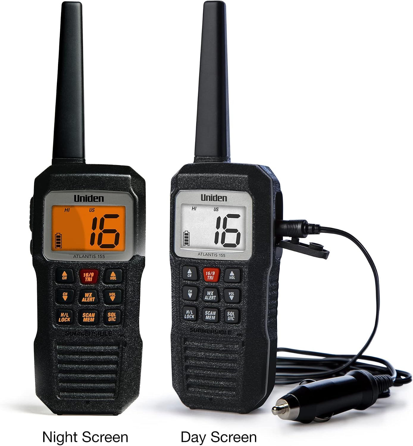 Uniden Atlantis 155 Handheld Two-Way VHF Marine Radio, Floating IPX8 Submersible Waterproof, Dual-Color Screen, All USA/International/Canadian Marine Channels, NOAA Weather Alert, 10 Hour Battery - Image 2