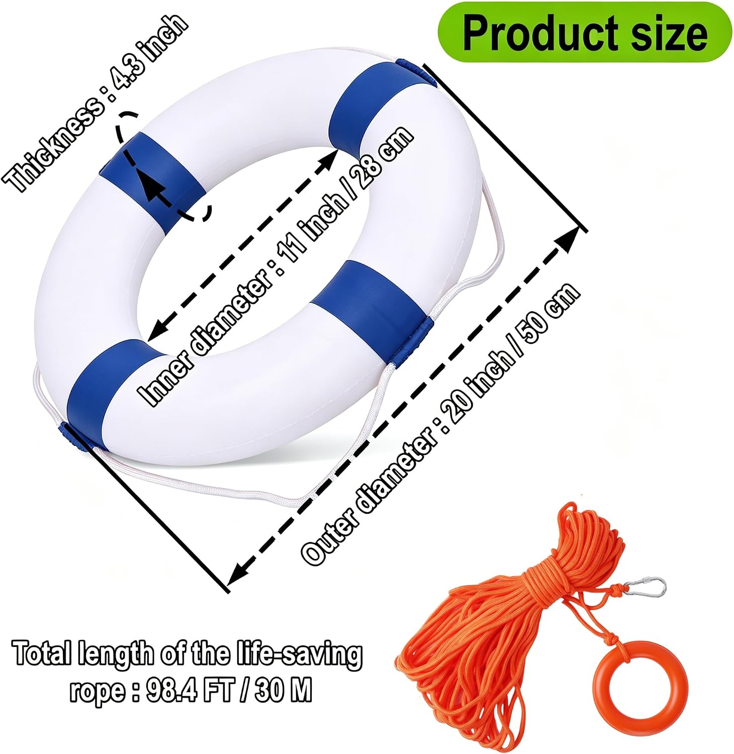 Lifebuoy Set 20Inch Life Preserver Ring and Water Floating Lifesaving Rope 98.4FT,Swim Foam Buoy,Swimming Pool Safety Throwing Ring with Perimeter Rope,Throwable Flotation Device - Image 2
