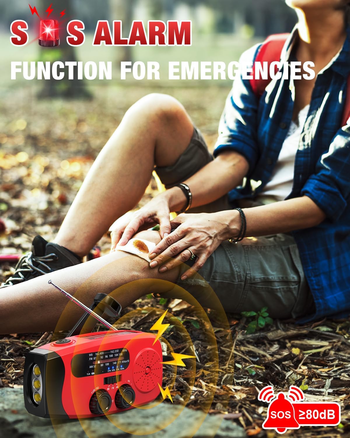 Emgykit 086S Hand Crank Emergency Radio - 2000mAh/7400mWh AM/FM/NOAA Solar Hand Crank Emergency Radio with 3 LED Flashlight, SOS Function for Emergencies, Camping - Red - Image 3