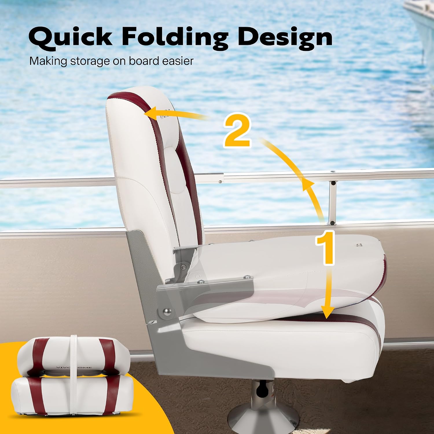 VIVOHOME Folding Low Back Boat Seats 2 Pack, Waterproof Boat Captain Chairs, 4 Mounting Screws Included, White and Red - Image 7