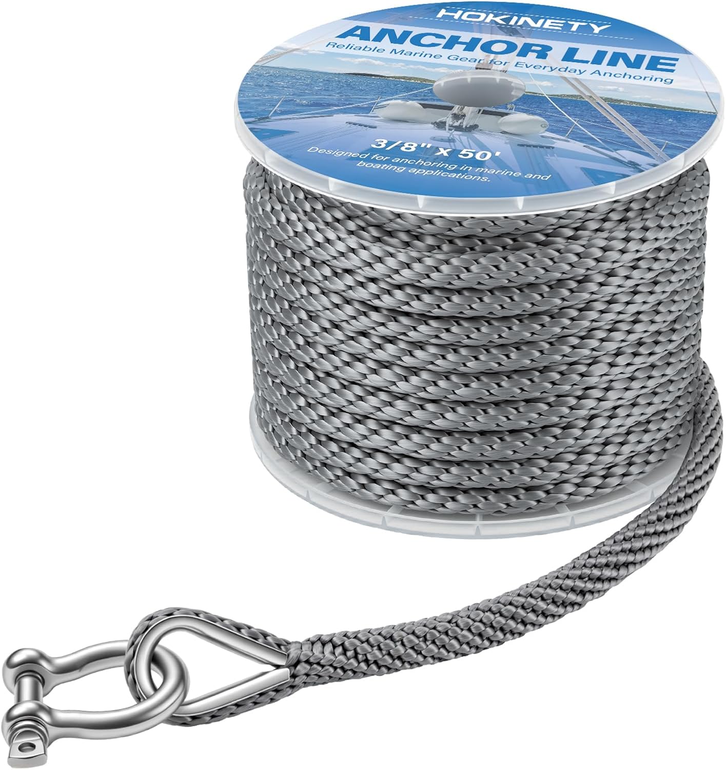 Boat Anchor Rope 3/8 Inch x 50FT - Marine Grade Anchor Line Premium Solid Braid MFP Dock Line with Stainless Steel Thimble & Shackle for Boat, Kayak, Dock Boating Accessories - Gray