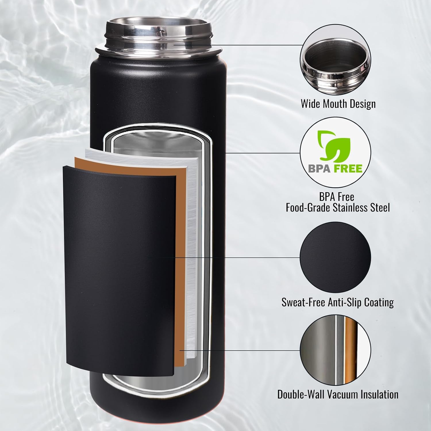Fijinhom 24 oz Insulated Water Bottle with Handle, 304 Stainless Steel Water Bottles with Wide Mouth, Double Wall Vacuum Sports Water Bottle, BPA Free, Keep Cold and Hot, Black | with Handle - Image 3