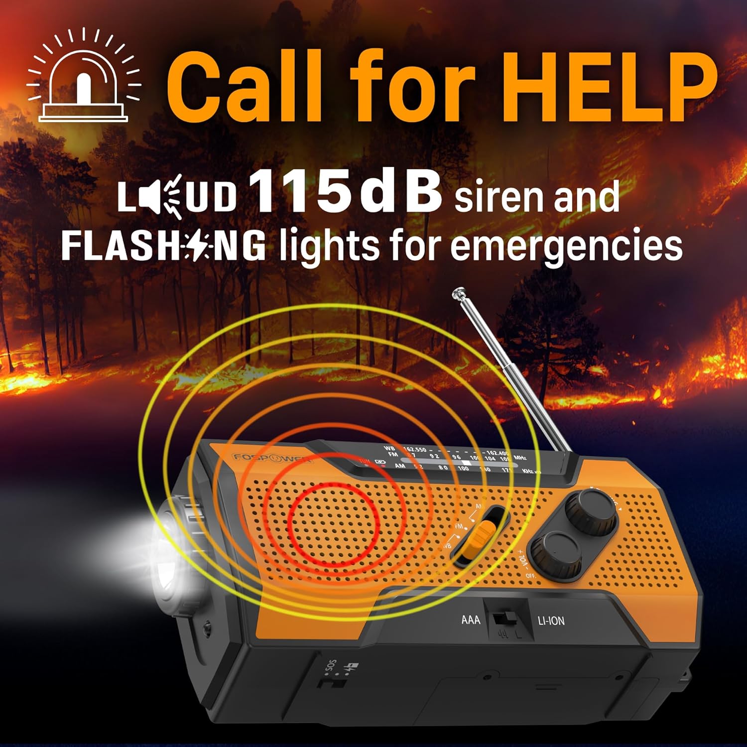 FosPower NOAA Emergency Weather Radio A1 7400mWh Portable Power Bank, AM/FM, USB/Solar/Hand Crank Charging, Battery Operated, SOS Alarm & Flashlight for Indoor/Outdoor Emergency - Orange - Image 4