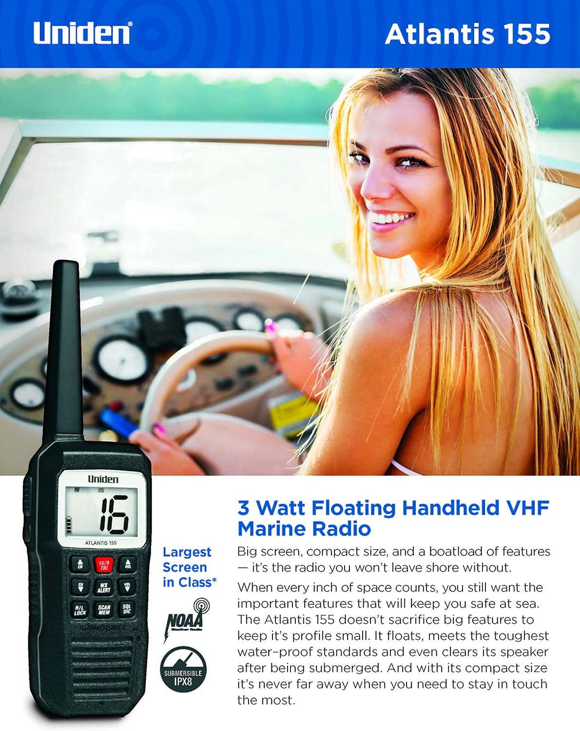 Uniden Atlantis 155 Handheld Two-Way VHF Marine Radio, Floating IPX8 Submersible Waterproof, Dual-Color Screen, All USA/International/Canadian Marine Channels, NOAA Weather Alert, 10 Hour Battery - Image 3