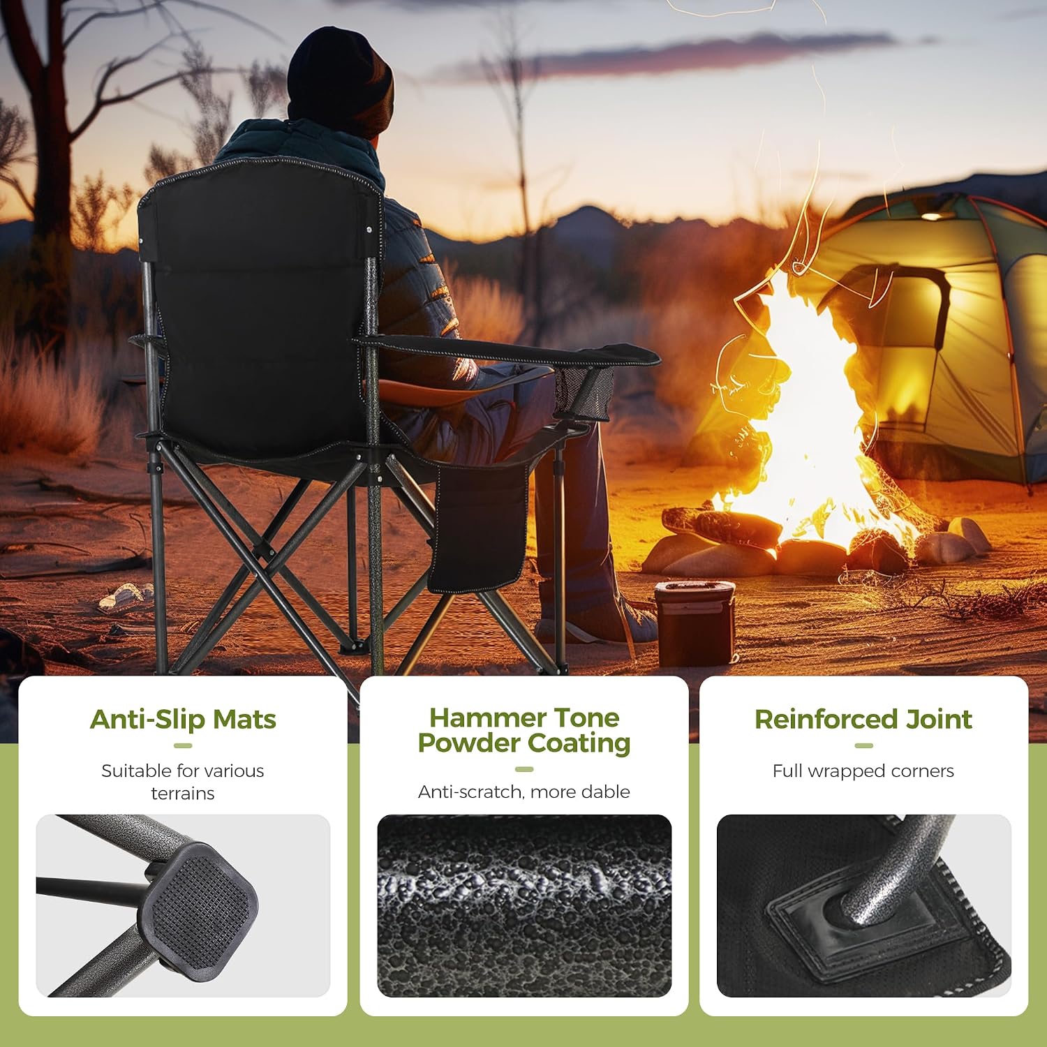 ALPHA CAMP Heavy Duty Camping Chair 500LBS Capacity, Oversized Folding Chair for Heavy People, Padded Portable Outdoor Chair with Cooler Bag & Cup Holder for Camping, Fishing, Beach - Image 7