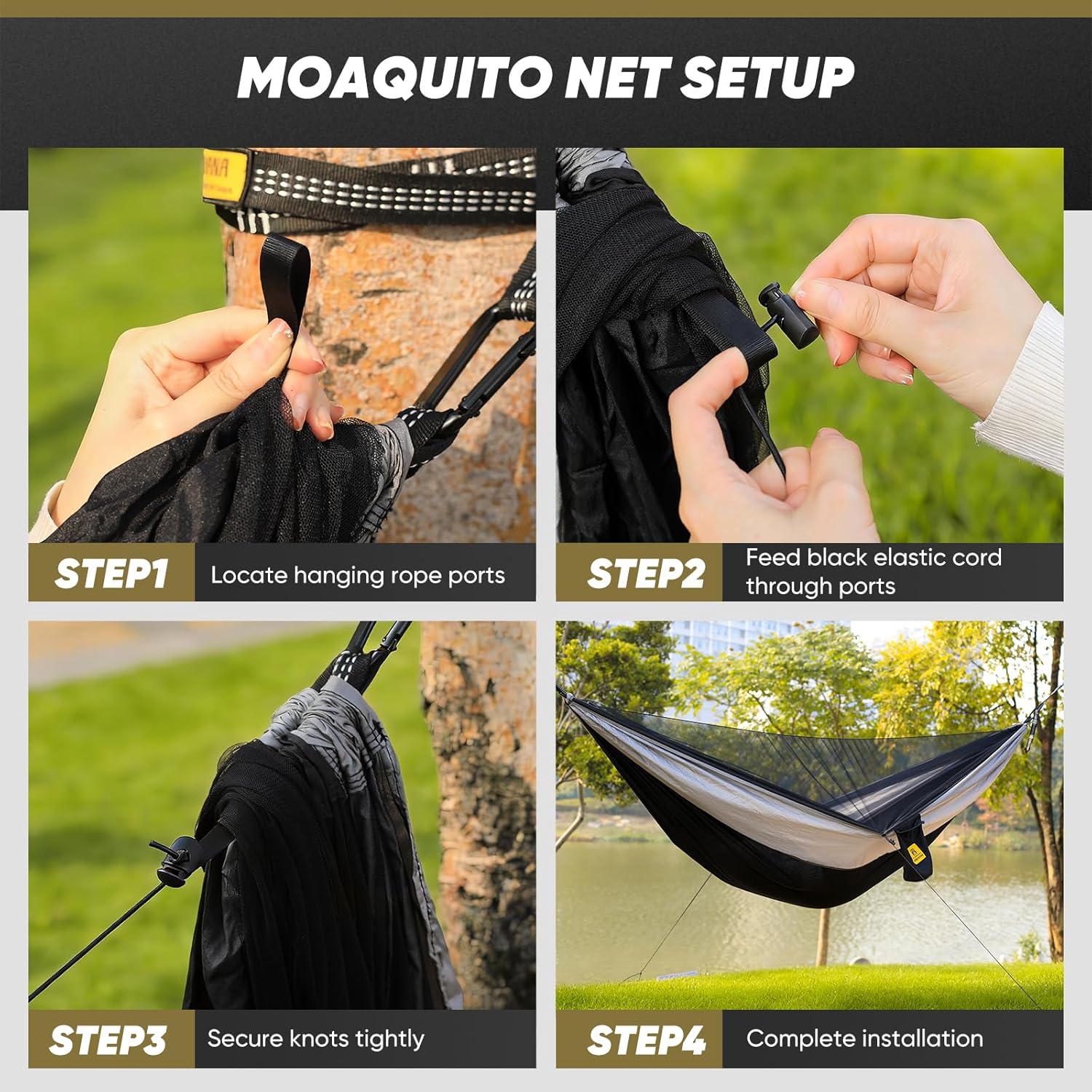 Camping Hammock with Mosquito Net, 600 lbs Portable Hammock with Tree Straps, 2-in-1 Double/Single Travel Hammock Tent for Outside/Indoor/Backpacking/Beach - Black & Gray - Image 5