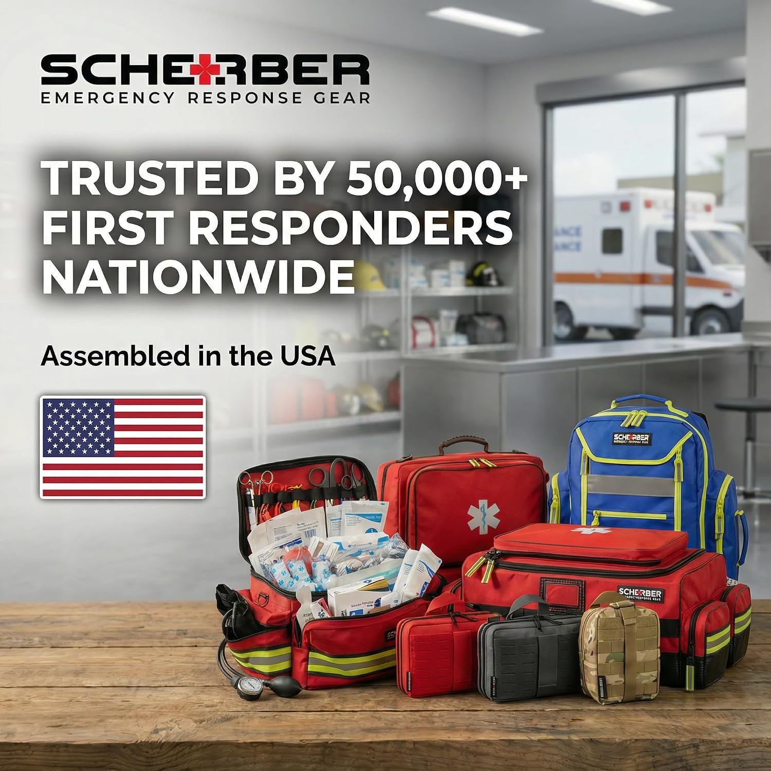 Scherber First Responder Fully-Stocked Professional Essentials EMT/EMS Trauma Kit | HSA/FSA Approved | Reflective Bag w/8 Zippered Pockets & Compartments & 200+ First Aid Supplies - Orange - Image 7