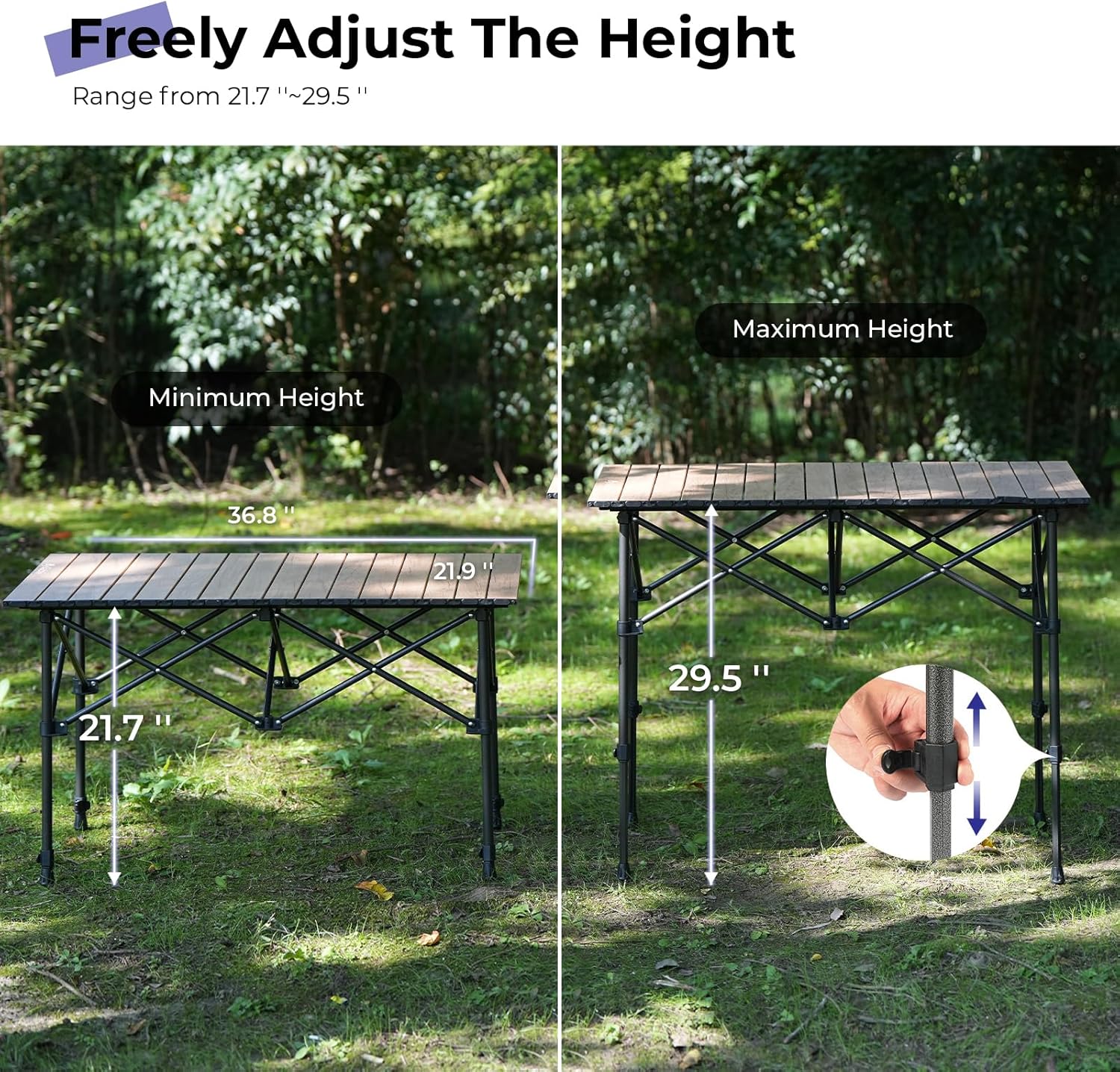 Byliable Camping Table Folding Portable Camp Aluminum Fold Up Lightweight Roll Up Table Adjustable Height with Carry Bag Indoor Outdoor for Camping, Picnic, Backyard, BBQ, Patio, Wood Grain - Image 5