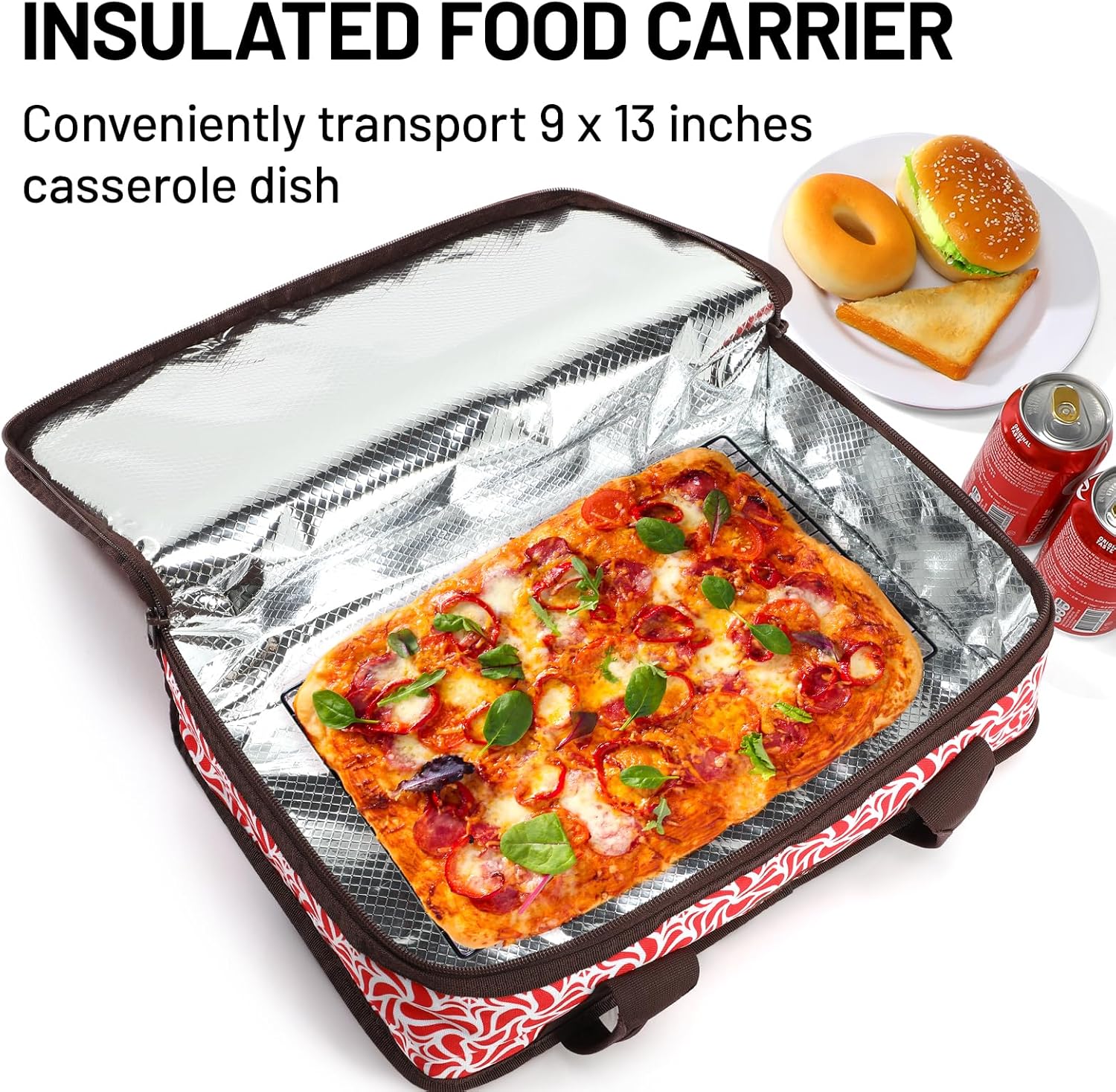MIER Insulated Casserole Carrier for Hot or Cold Food Thermal Food Carrier Bag for Lasagna Potluck Parties Picnic Cookouts, Fits 9"x13" Baking Dish/Foil Pan, Red - Image 4