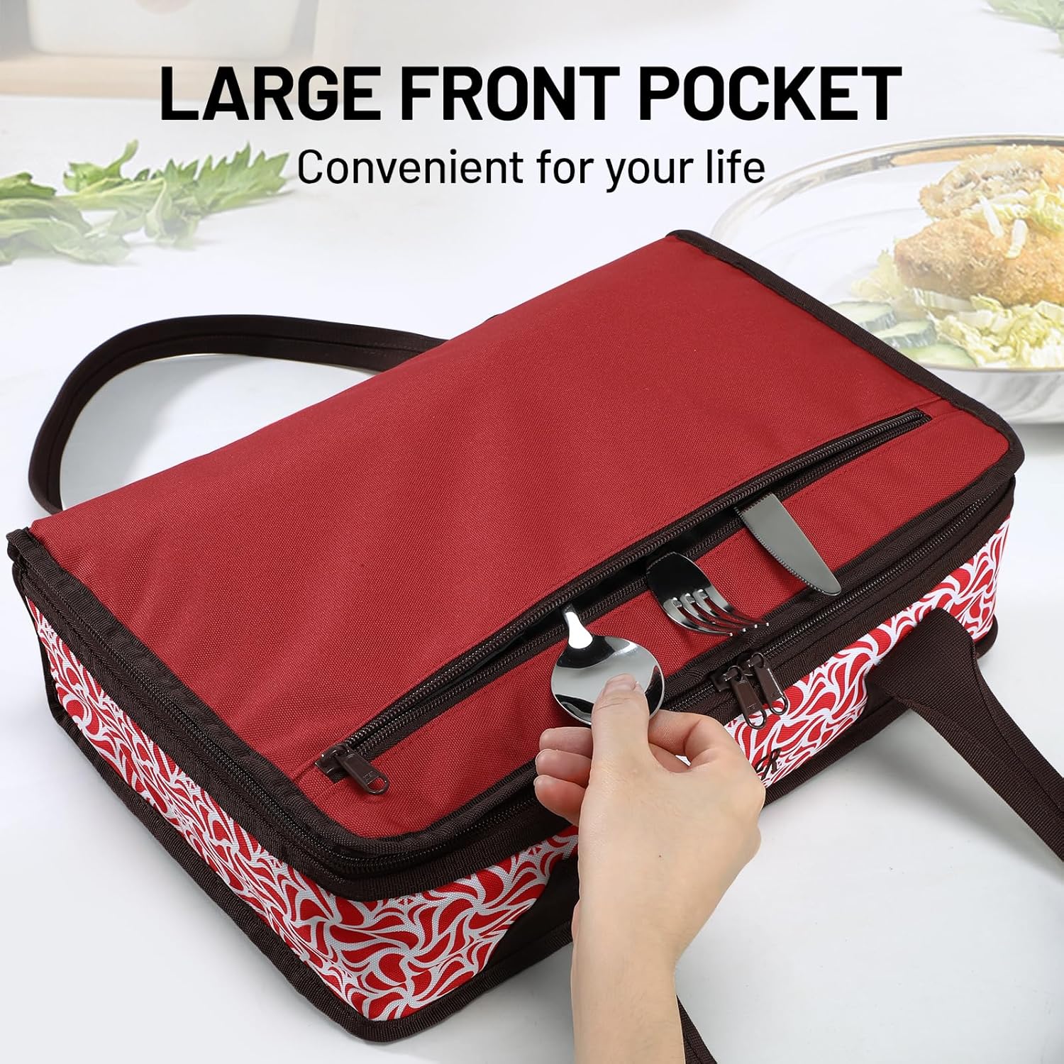 MIER Insulated Casserole Carrier for Hot or Cold Food Thermal Food Carrier Bag for Lasagna Potluck Parties Picnic Cookouts, Fits 9"x13" Baking Dish/Foil Pan, Red - Image 5