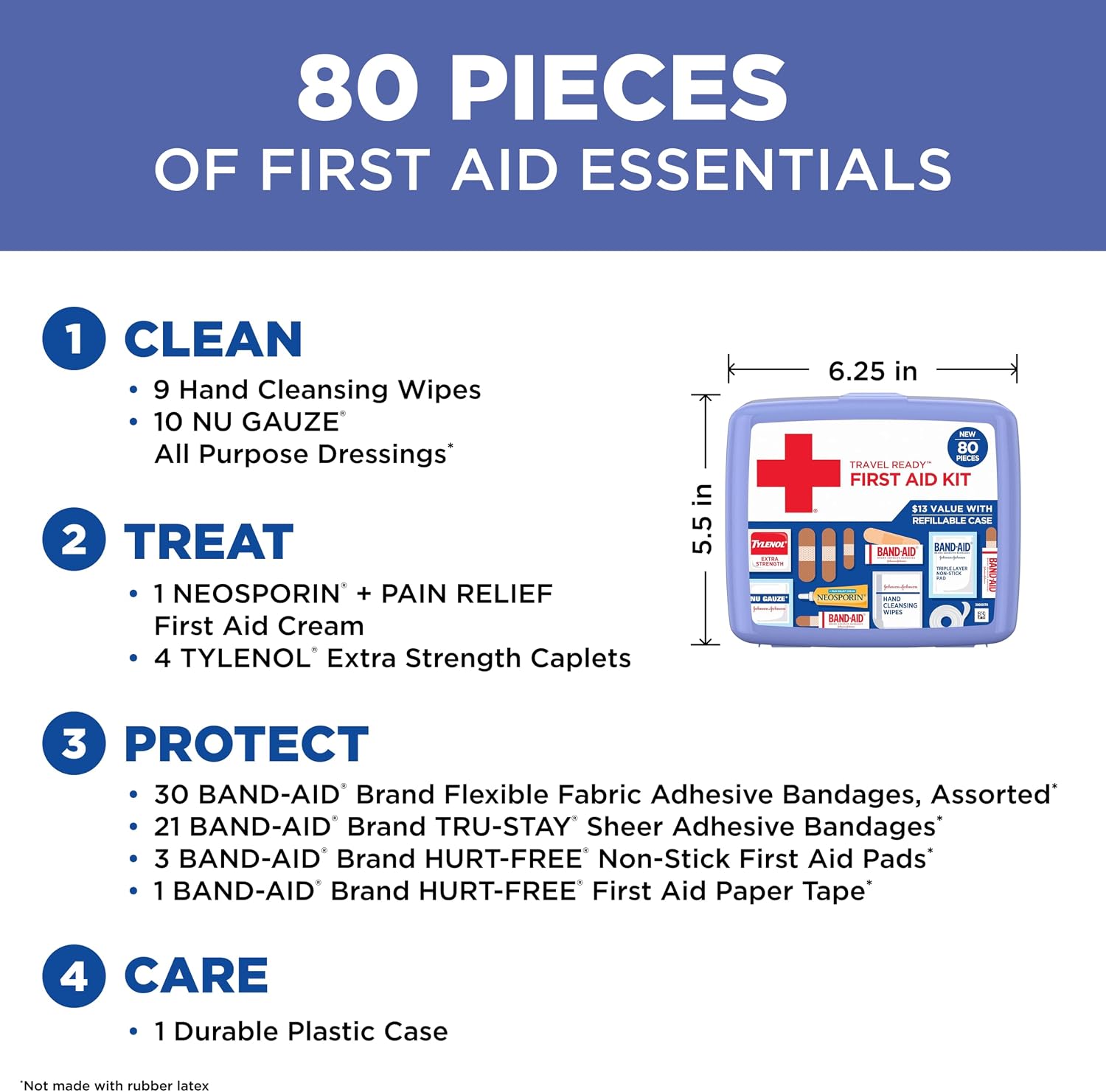 BAND-AID Brand Travel Ready Portable Emergency First Aid Kit, Minor Wound Care, Perfect for Home, Car, Camping, Travel & Outdoor Essentials, Supplies Include Bandages, Neosporin & Tylenol, 80 Piece - Image 4