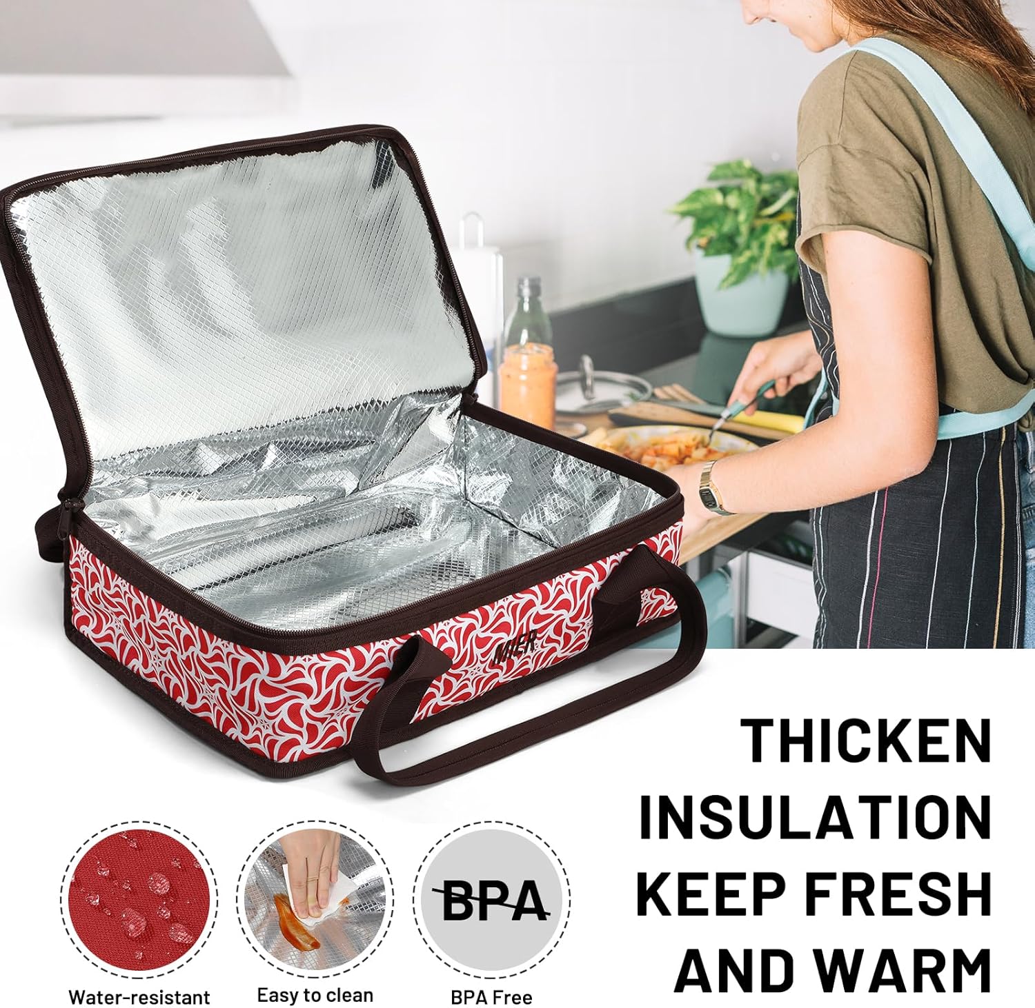 MIER Insulated Casserole Carrier for Hot or Cold Food Thermal Food Carrier Bag for Lasagna Potluck Parties Picnic Cookouts, Fits 9"x13" Baking Dish/Foil Pan, Red - Image 3
