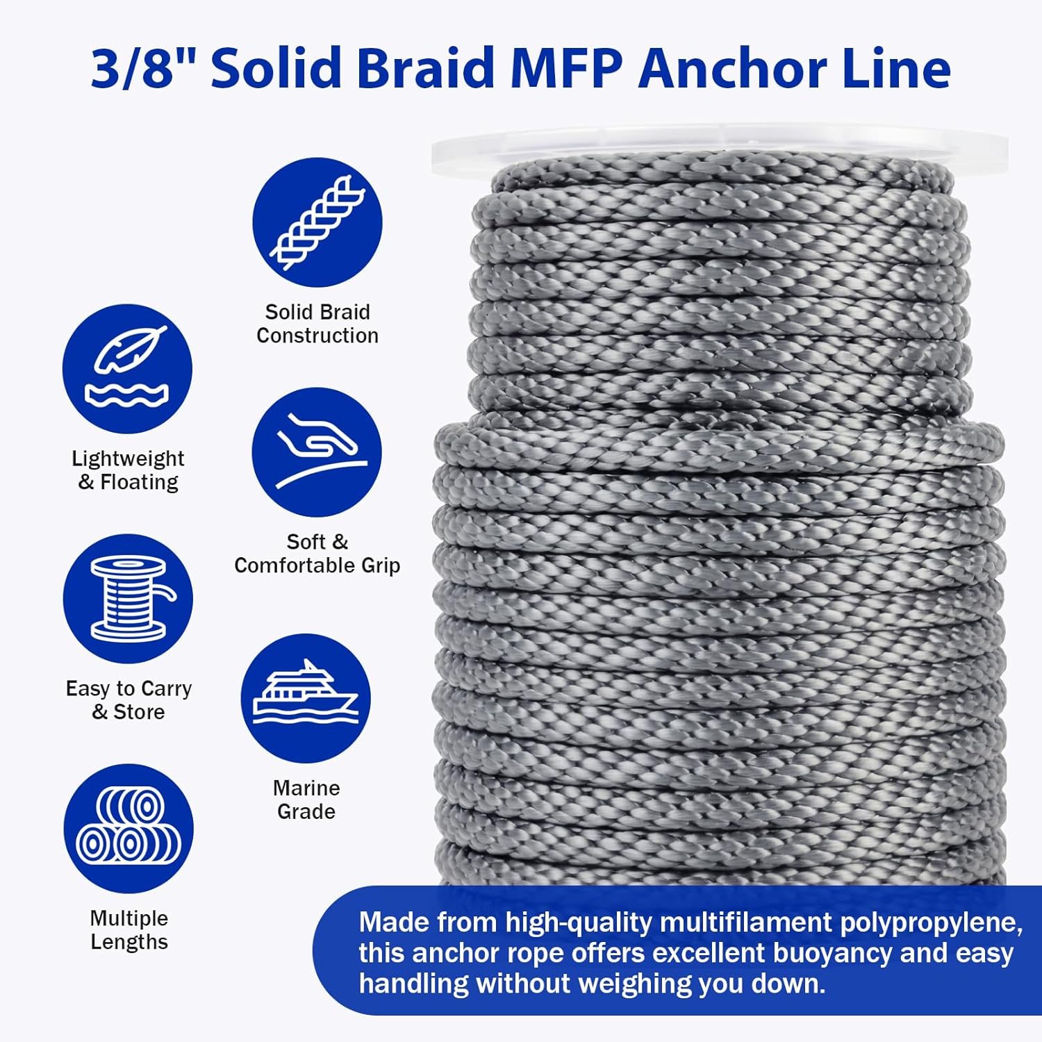 Boat Anchor Rope 3/8 Inch x 50FT - Marine Grade Anchor Line Premium Solid Braid MFP Dock Line with Stainless Steel Thimble & Shackle for Boat, Kayak, Dock Boating Accessories - Gray - Image 2