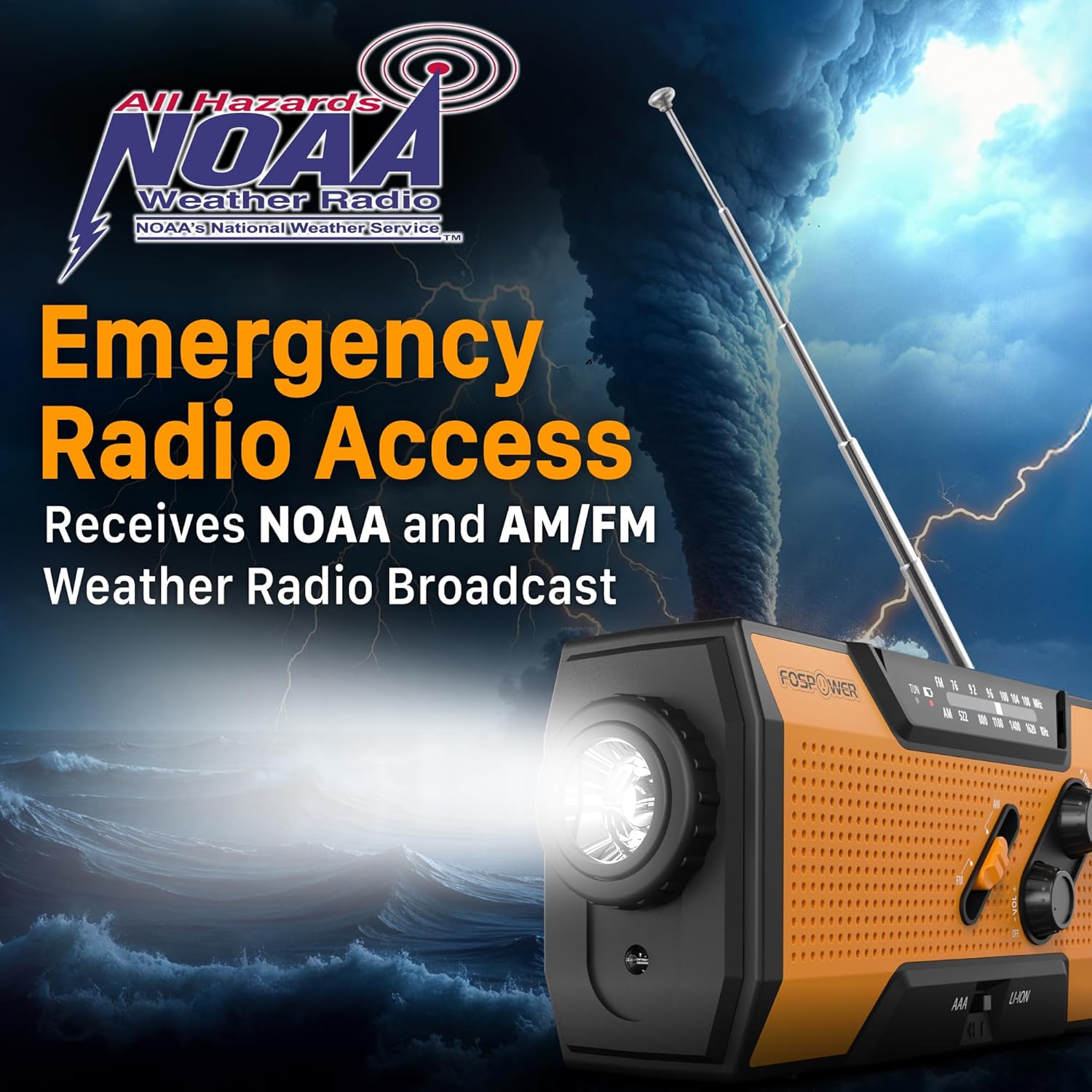 FosPower NOAA Emergency Weather Radio A1 7400mWh Portable Power Bank, AM/FM, USB/Solar/Hand Crank Charging, Battery Operated, SOS Alarm & Flashlight for Indoor/Outdoor Emergency - Orange - Image 2