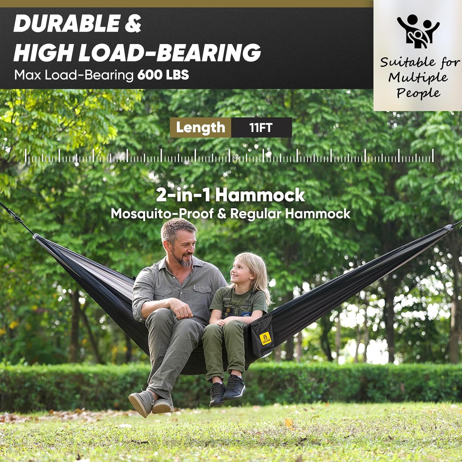 Camping Hammock with Mosquito Net, 600 lbs Portable Hammock with Tree Straps, 2-in-1 Double/Single Travel Hammock Tent for Outside/Indoor/Backpacking/Beach - Black & Gray - Image 4