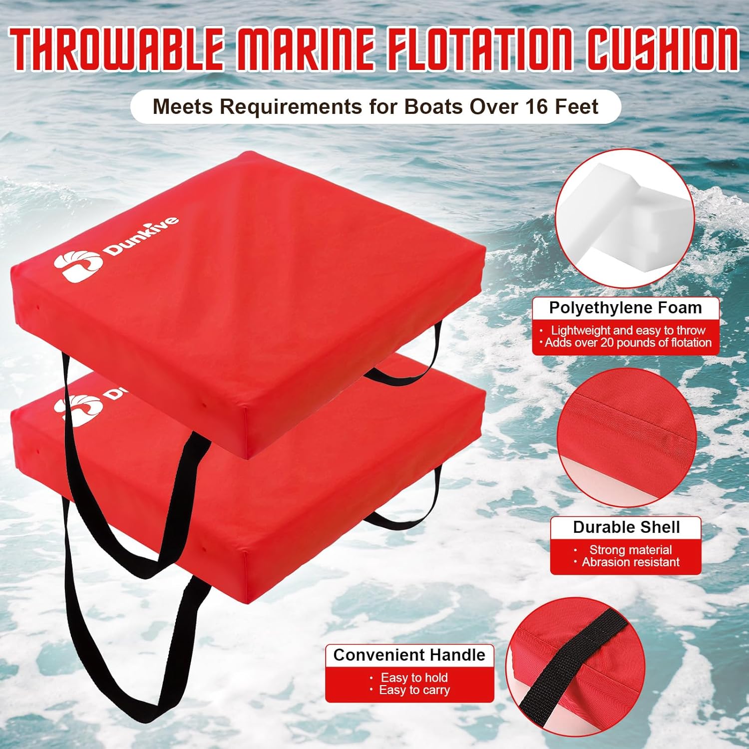 2 Pack Boat Throw Flotation Cushion, USCG Approved, Emergency Marine Throwable Flotation Device, Foam Boat Cushions Life Preserver, Throw Cushions for Boats, Kayaks, Canoes(Red) - Image 4