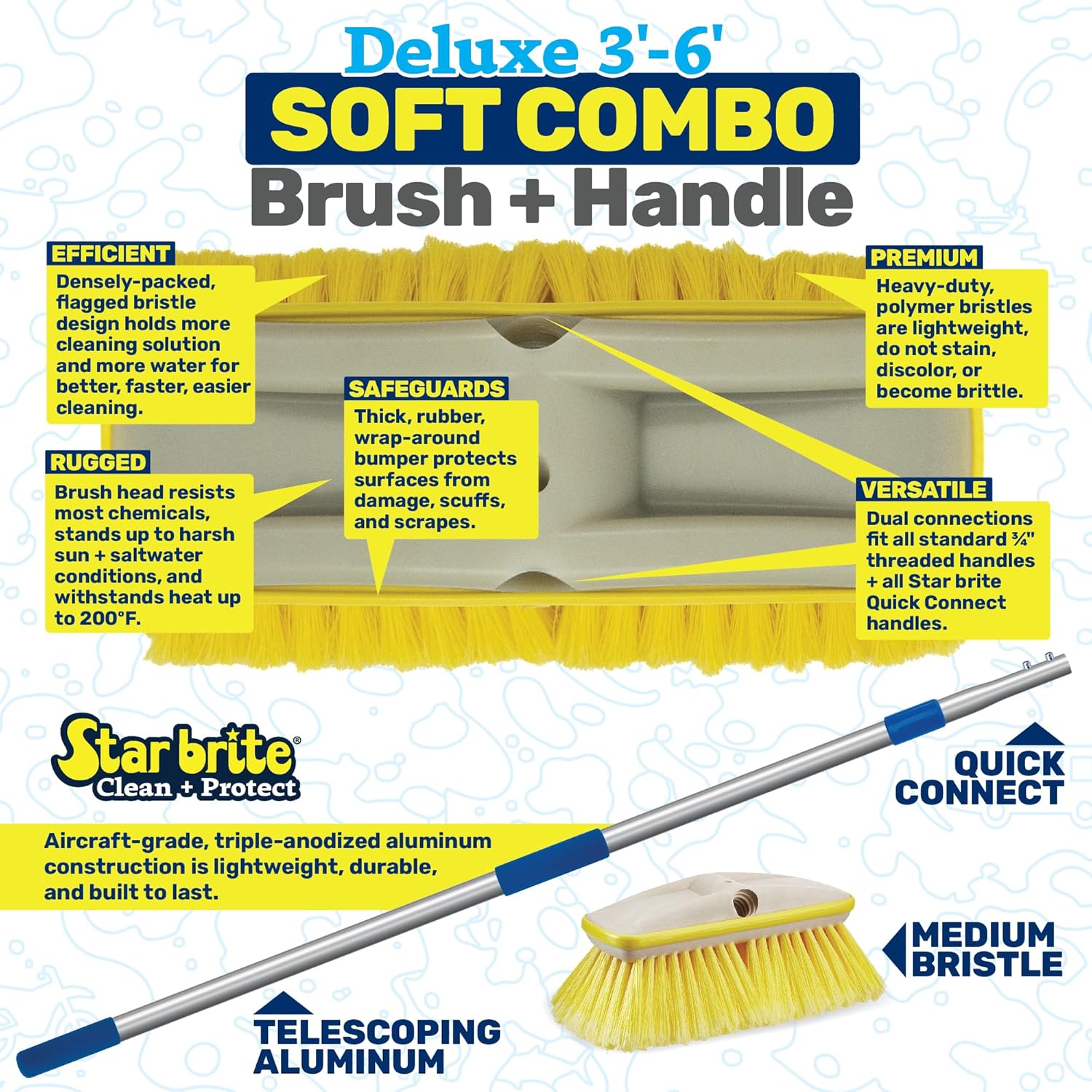 STAR BRITE Deluxe Telescoping Deck Brush Kit - Extendable 3'-6' Aircraft-Grade Aluminum Handle, Floats if Dropped, Ergonomic Design, Multi-Surface Cleaning - Soft Yellow Bristles - (040191) - Image 4
