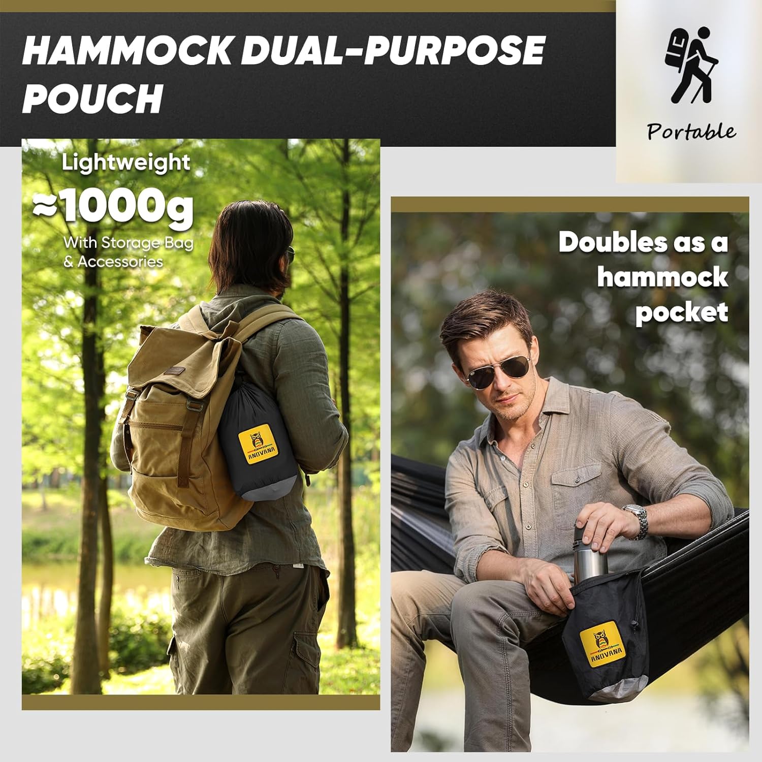Camping Hammock with Mosquito Net, 600 lbs Portable Hammock with Tree Straps, 2-in-1 Double/Single Travel Hammock Tent for Outside/Indoor/Backpacking/Beach - Black & Gray - Image 6