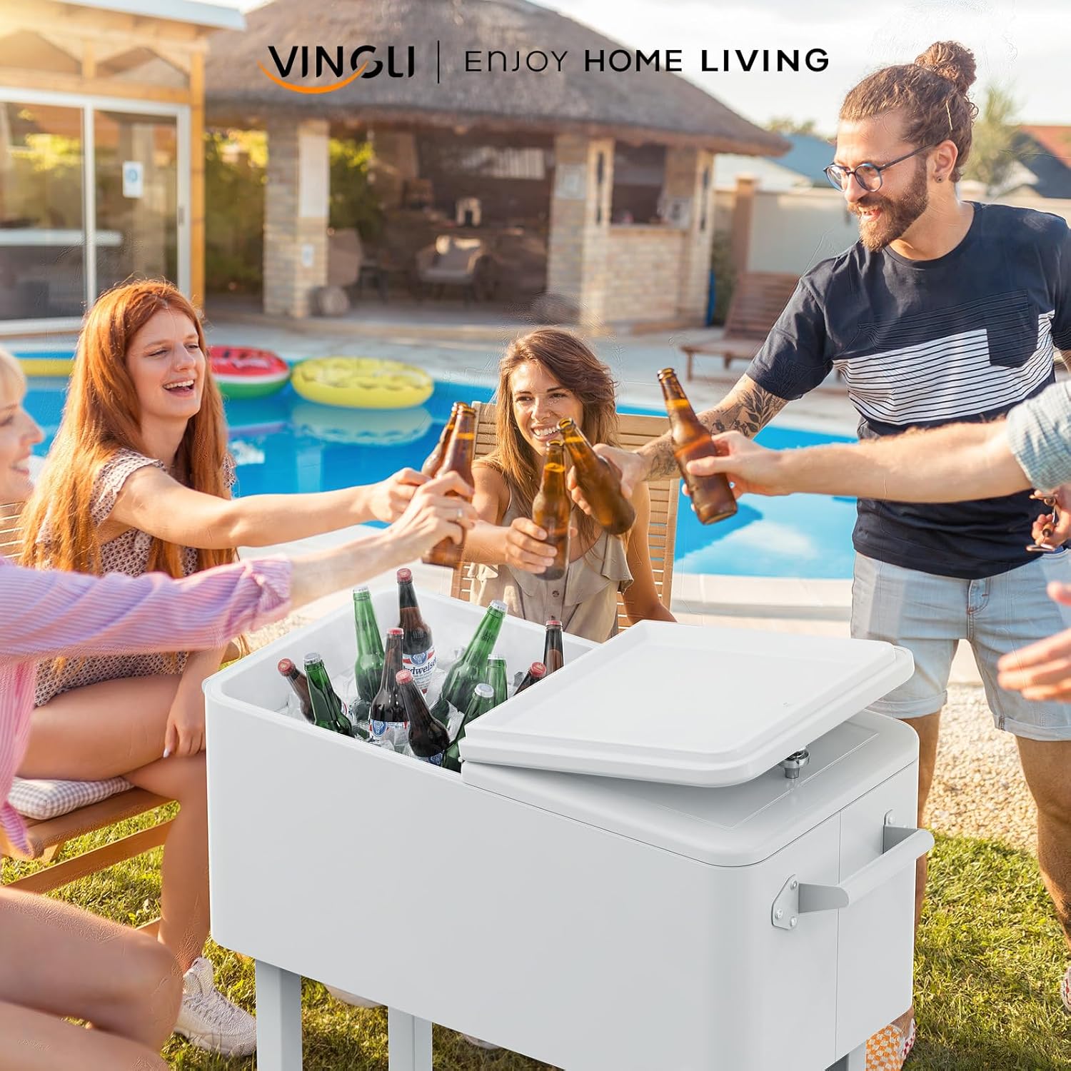 VINGLI Rolling Ice Chest, Portable Patio Party Bar Drink Cooler Cart, with Shelf, Beverage Pool with Bottle Opener - Image 2