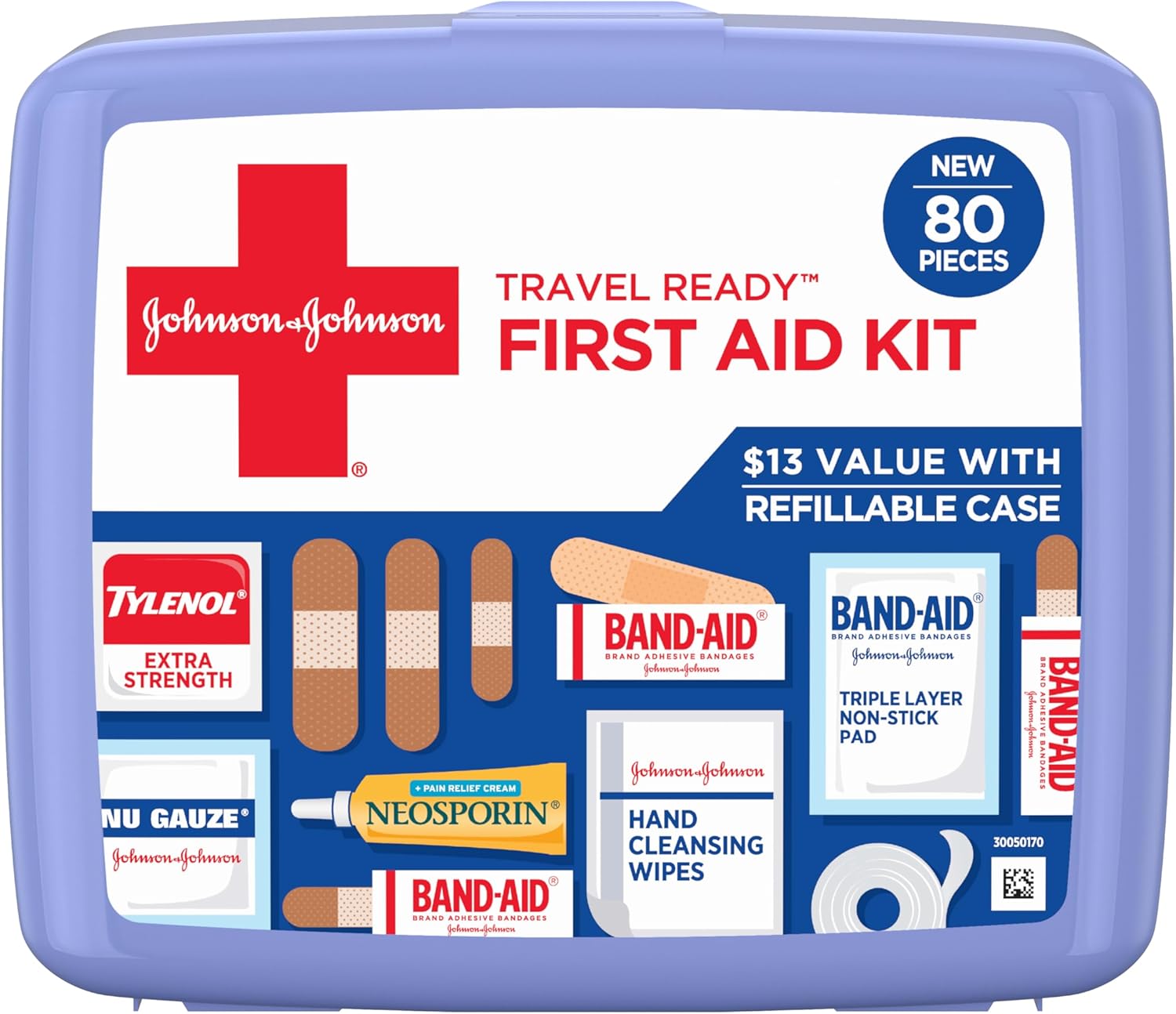 BAND-AID Brand Travel Ready Portable Emergency First Aid Kit, Minor Wound Care, Perfect for Home, Car, Camping, Travel & Outdoor Essentials, Supplies Include Bandages, Neosporin & Tylenol, 80 Piece