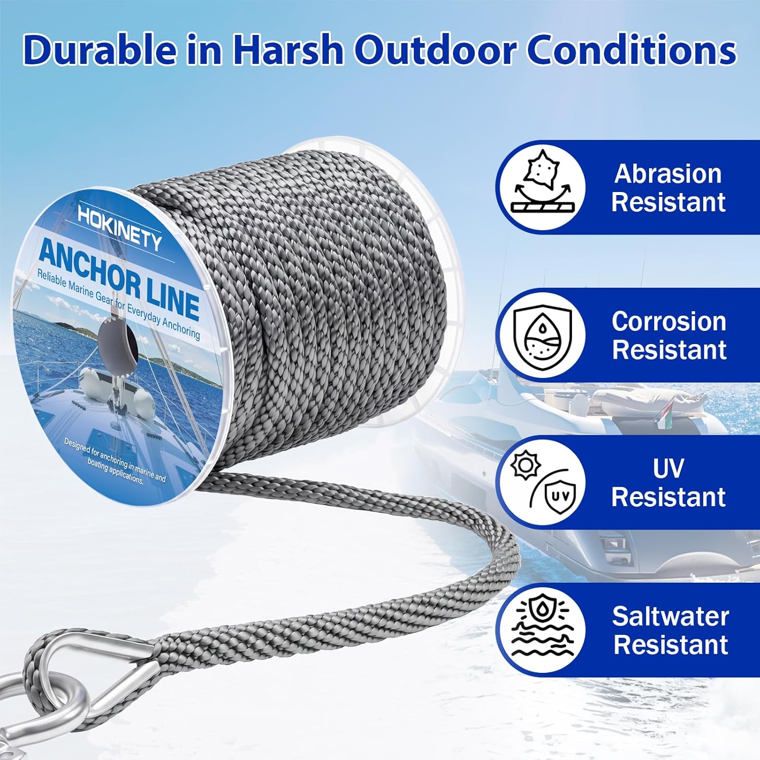 Boat Anchor Rope 3/8 Inch x 50FT - Marine Grade Anchor Line Premium Solid Braid MFP Dock Line with Stainless Steel Thimble & Shackle for Boat, Kayak, Dock Boating Accessories - Gray - Image 5