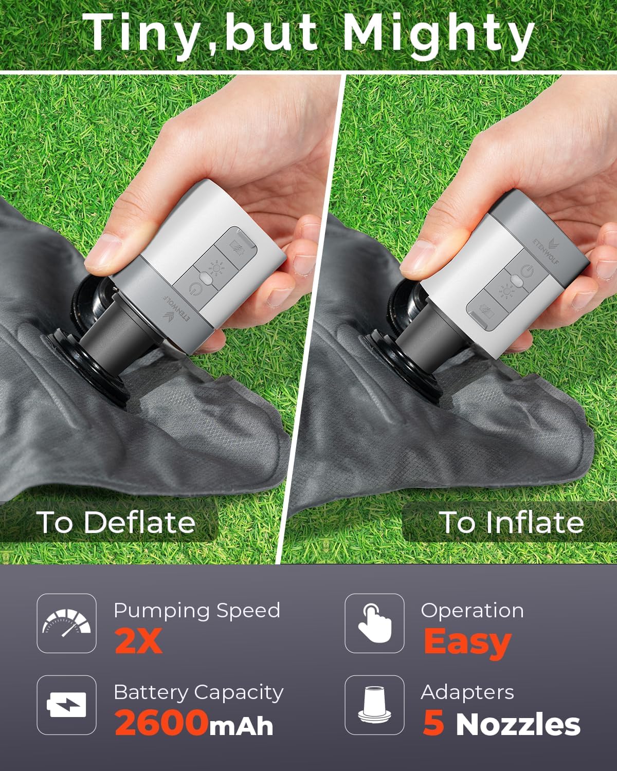 ETENWOLF AIR 3 Air Pump for Inflatables with 2600 mAh Battery & Camping Light, Ultra-Fast and Mini Electric Air Pump, Inflate Deflate for Air Mattress, Pool Floats, Vacuum Storage Bags - Image 2