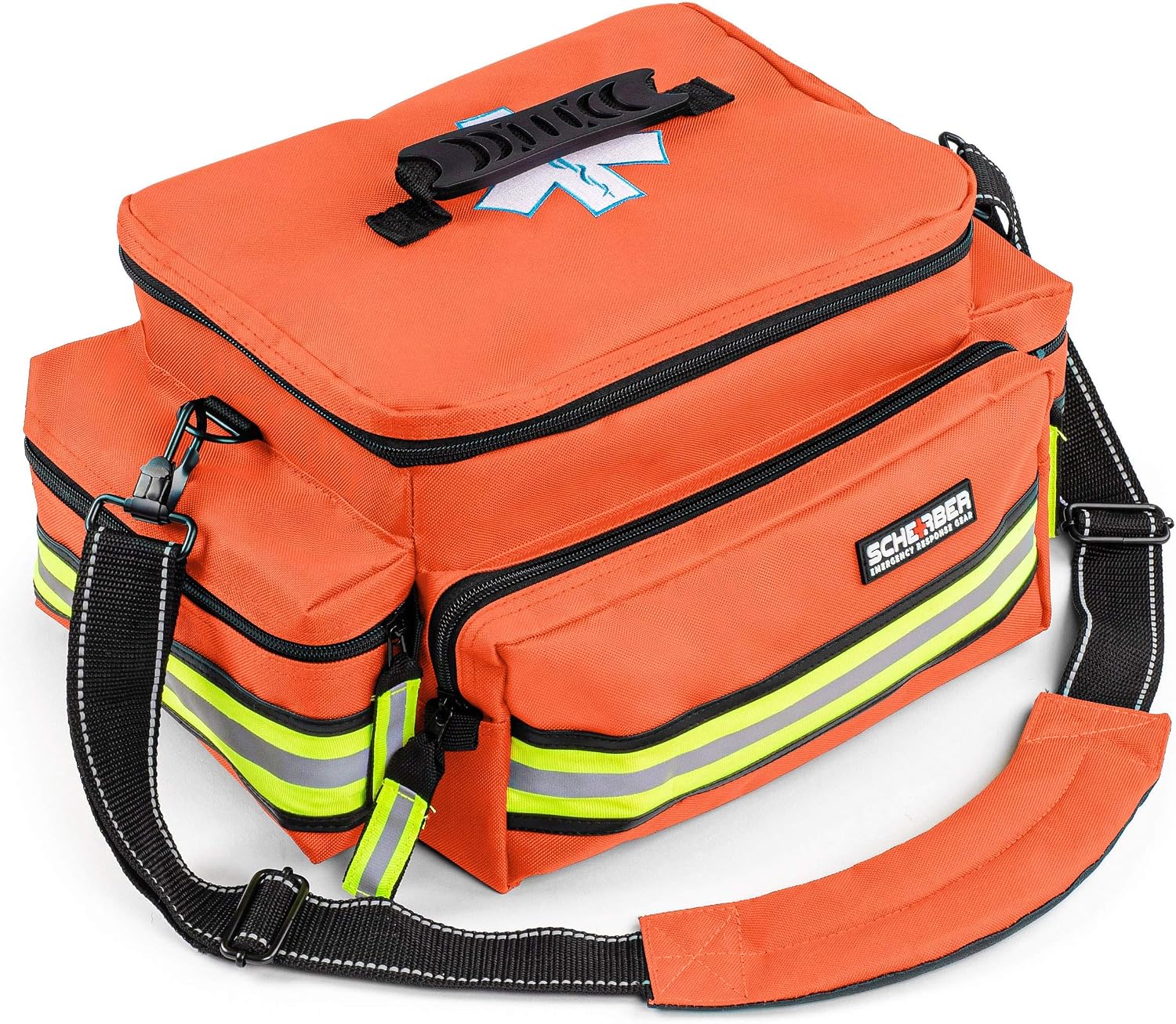 Scherber First Responder Fully-Stocked Professional Essentials EMT/EMS Trauma Kit | HSA/FSA Approved | Reflective Bag w/8 Zippered Pockets & Compartments & 200+ First Aid Supplies - Orange - Image 2