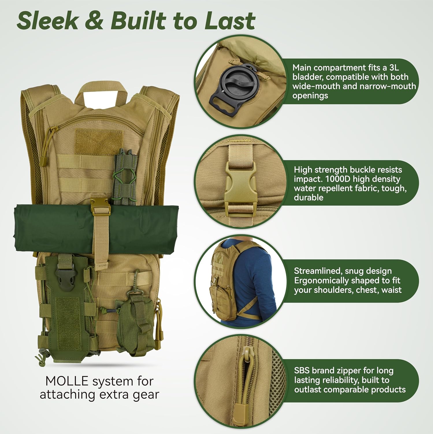 MARCHWAY Tactical Molle Hydration Pack Backpack with 3L TPU Water Bladder, Military Daypack for Cycling, Hiking, Running, Climbing, Hunting, Biking - Image 3