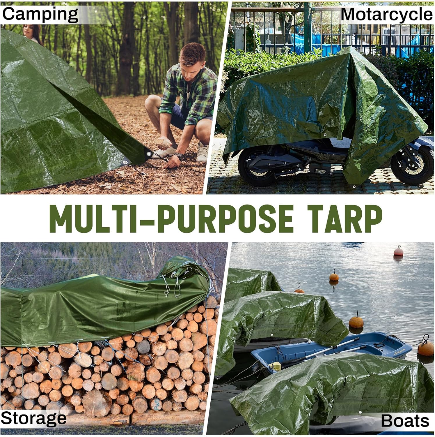 8 Pack Camping Tarps 6 x 8 ft, 5.5 Mil Waterproof Outdoor Tarp, Heavy Duty Hunting Tarp Ground Cover, Survival Shelter Tent Rain Cover for Camping, Farm, Patio, Roof, Boats, Cars, Army Green - Image 7